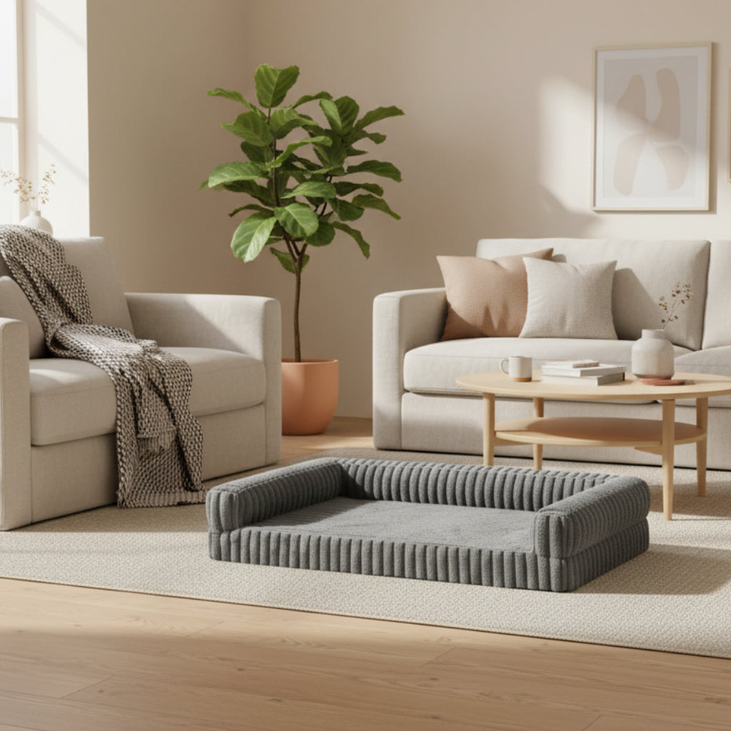 large gray pet sofa bed in a bright living room.