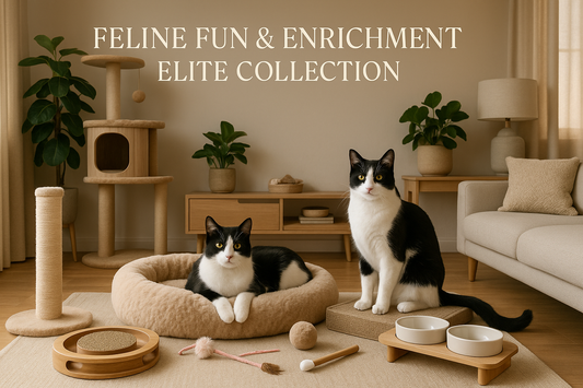 Two cats in a living room with pet accessories, featuring 'Feline Fun & Enrichment Elite Collection' text.