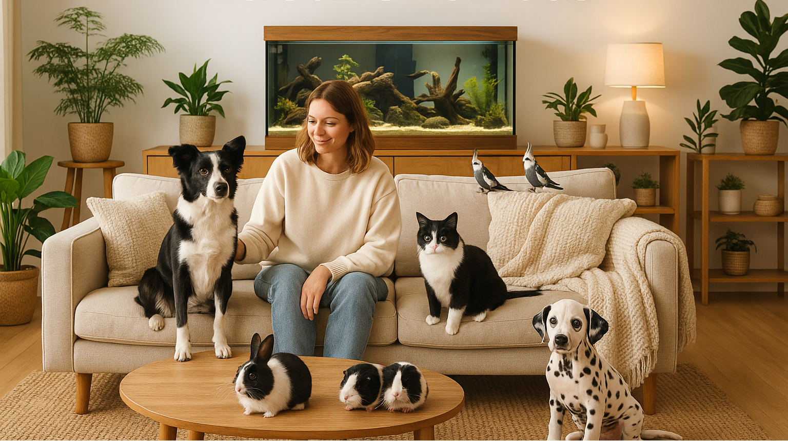 Woman sitting on a couch with pets in a living room setting.