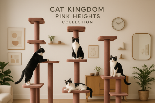 Cat Kingdom Pink Heights collection with cats on wooden cat trees in a room setting.