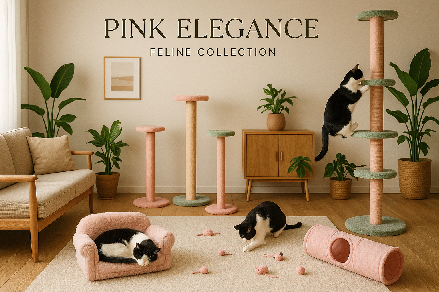 Cat furniture set with 'Pink Elegance' branding in a room with plants and a sofa.