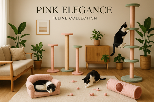 Cat furniture set with 'Pink Elegance' branding in a room with plants and a sofa.