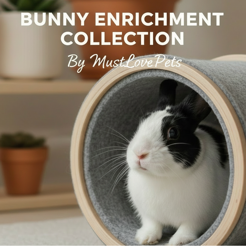 Bunny in a gray tunnel with 'Bunny Enrichment Collection' text and 'MustLovePets' branding.