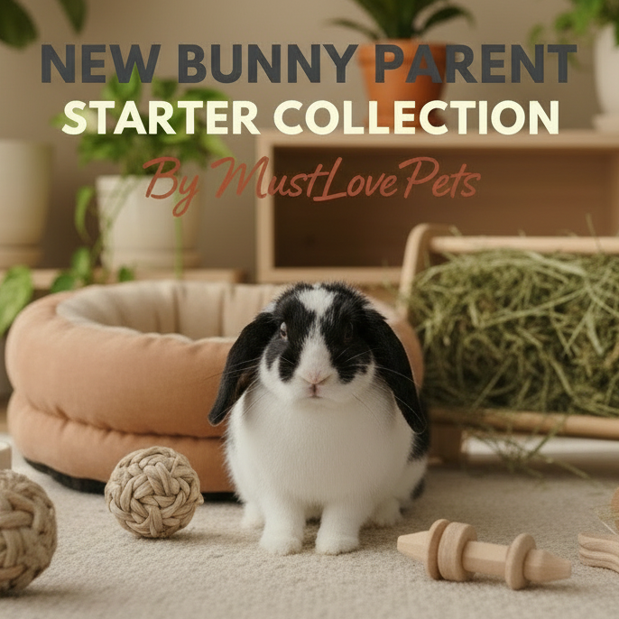 Bunny surrounded by pet toys and supplies with 'New Bunny Parent Starter Collection' text.