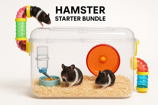 Product image of black and white Hamsters with cage and tubes with "HAMSTER STARTER BUNDLE" top and centered