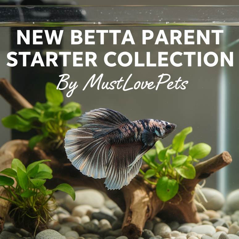 Betta fish in an aquarium with text about a new starter collection by MustLovePets