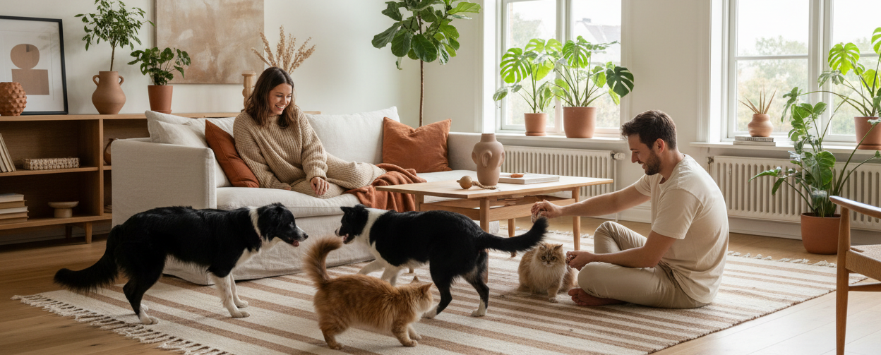 Man and woman with pets in a bright living room with large windows and plants.