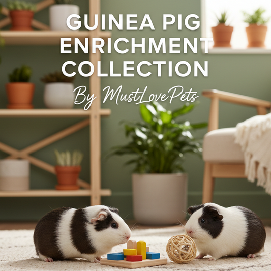 Two guinea pigs playing with toys on a rug in a room with plants and furniture.