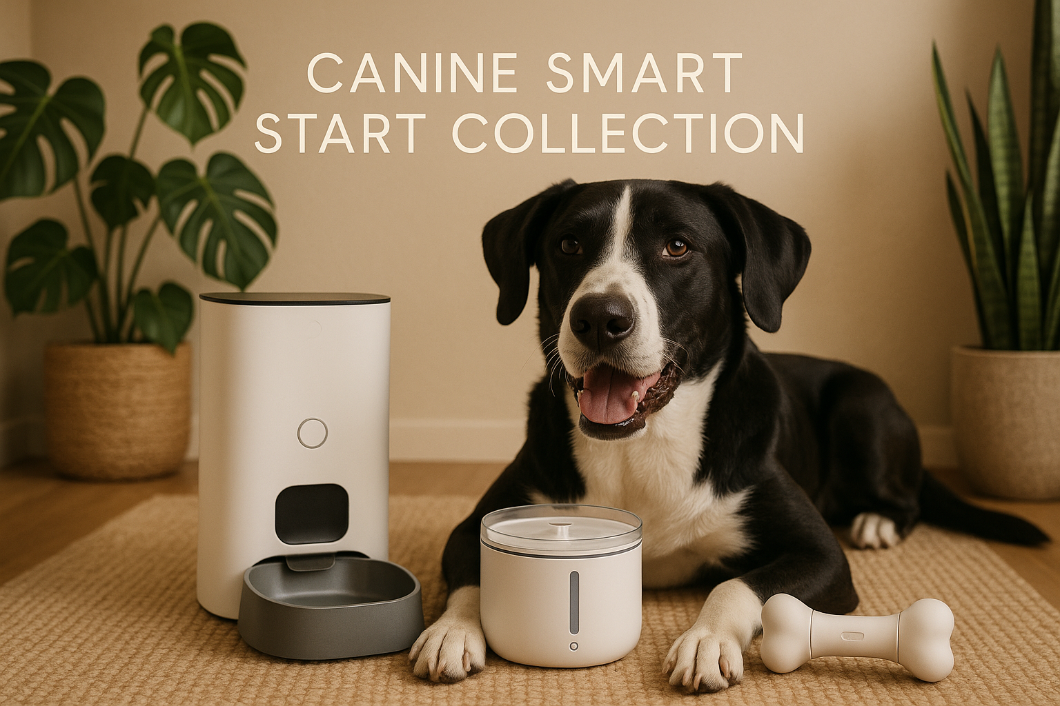 realistic image, close up shot of a large black and white dog proudly laying down infant of his new smart feeder, smart fountain, and smart bone toy, Scandinavian minimalism design, plants, warm earth tones, "CANINE SMART START COLLECTION" top and center of image