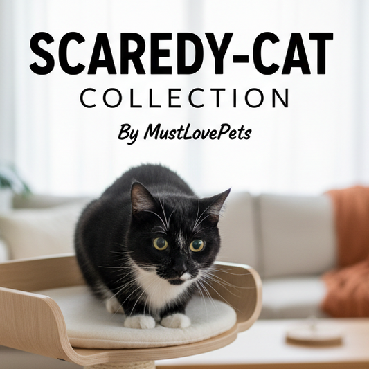 Cat on a cat tree with 'Scaredy-Cat Collection' text in a home setting