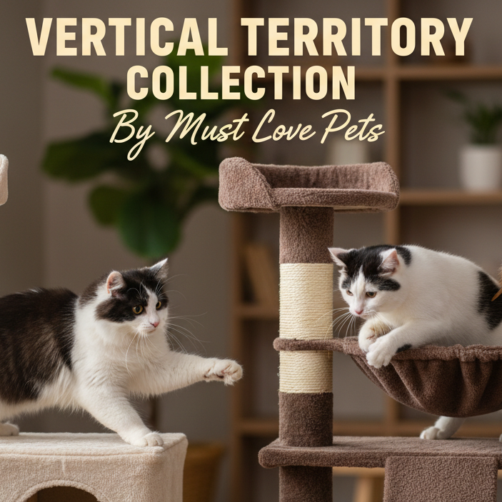 Two cats on a cat tree with 'Vertical Territory Collection by Must Love Pets' text.