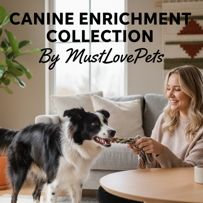 Woman sitting on the floor with a dog in a living room, featuring 'Canine Enrichment Collection by MustLovePets'.