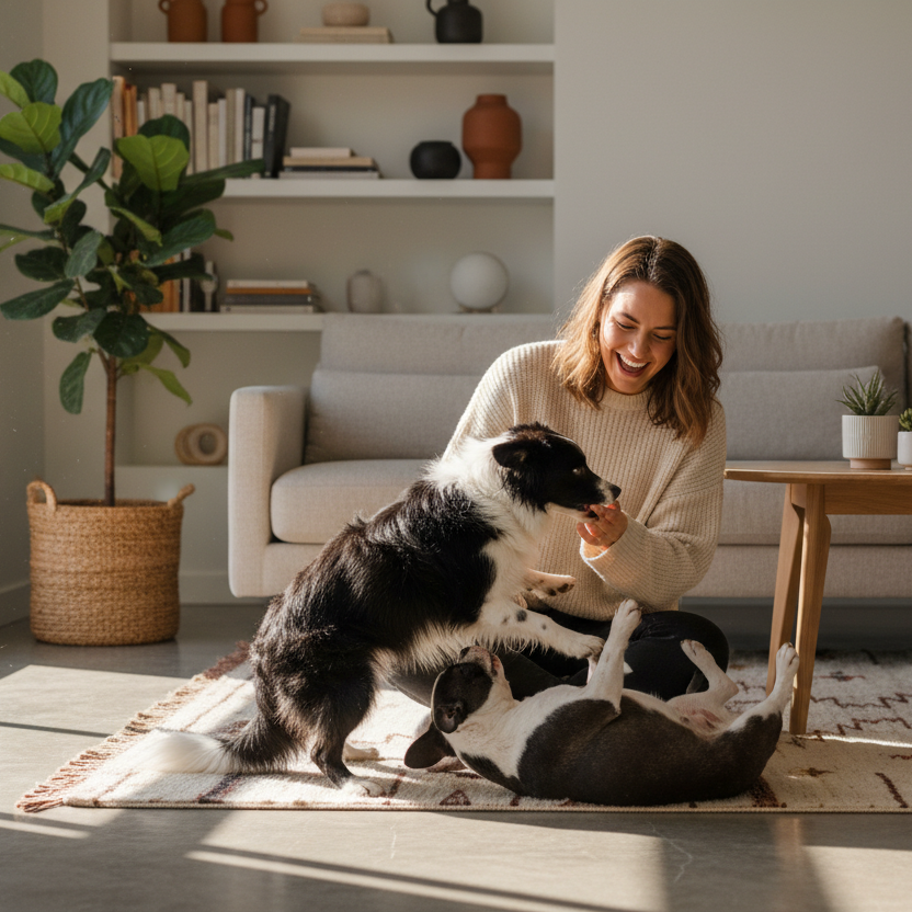 realistic image, closeup shot of black and white dogs playing with pet parent on floor, objects focused in center of image, detailed scandinavian design living room, plants, warm earth tones 