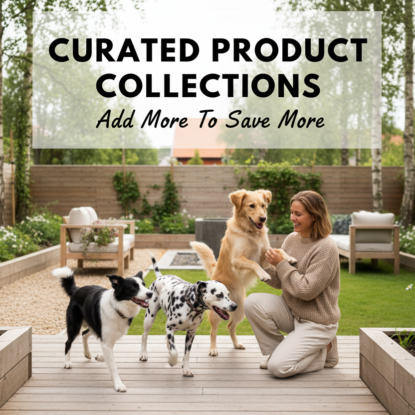 Woman with three dogs on a wooden deck in a garden setting, with promotional text overlay.