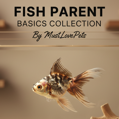Fish tank with a goldfish on a wooden shelf, featuring 'Fish Parent Basics Collection by MustLovePets'.