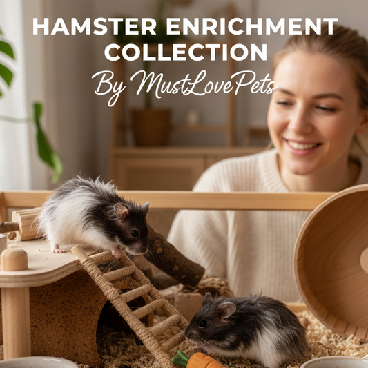 Woman with hamsters in a wooden pet play area, featuring text 'Hamster Enrichment Collection by MustLovePets'.