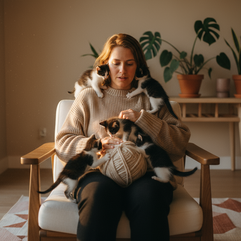 realistic image, closeup shot of black and white kittens playing with an overwhelmed looking pet parent, objects focused in center of image, detailed scandinavian design, plants, warm earth tones
