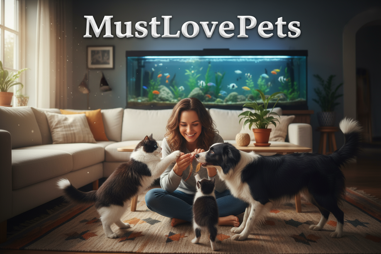 realistic image, closeup shot of black and white pets playing with pet parent, beautiful aquarium in background, objects focused in center of image, detailed scandinavian design living room, plants, warm earth tones, top center "MustLovePets" in large bold professional font