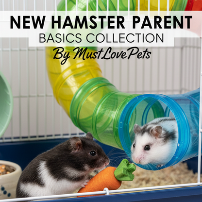 Two hamsters in a cage with colorful tunnels and toys, featuring 'Must Love Pets' branding.
