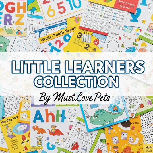 Collection of educational children's posters with letters, numbers, and animals, branded as 'Little Learners Collection by Must Love Pets'.