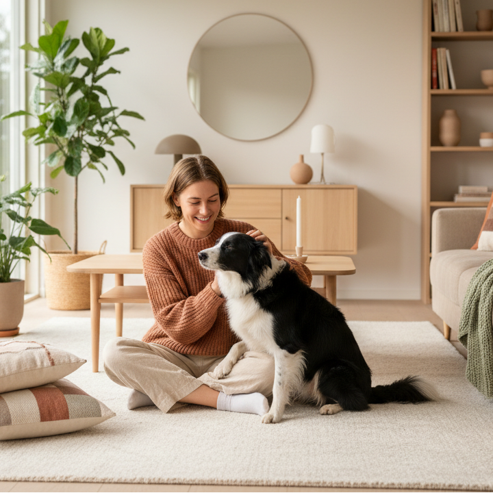 Woman sitting on the floor with a dog in a cozy living room