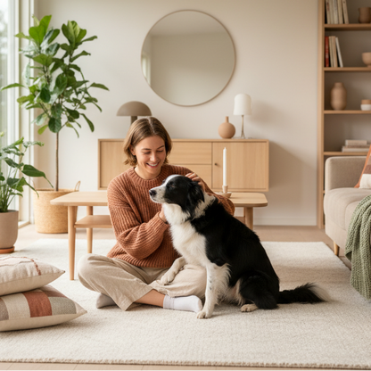 Woman sitting on the floor with a dog in a cozy living room