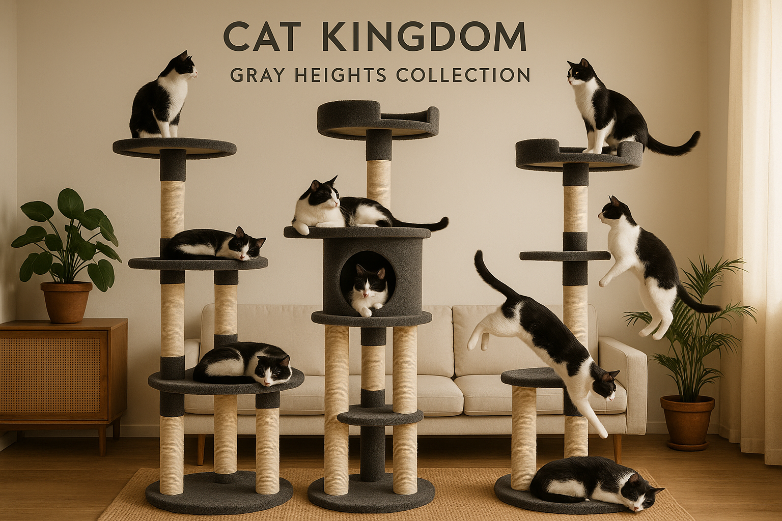 Cat Kingdom Gray Heights Collection with cats on cat trees in a room.