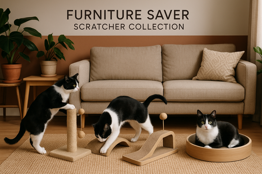 Three cats interacting with cat furniture and scratchers in a living room setting.