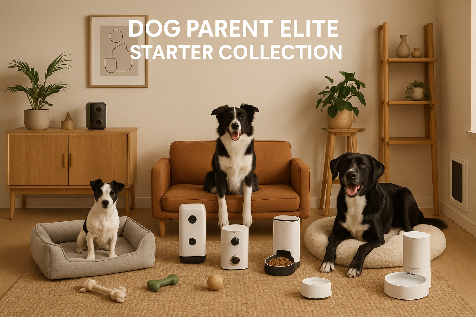 realistic image of 3 different sized black and white dogs surrounded by smart dog products, feeders, fountains, treat dispenser, pet nanny camera, doggy door in the wall, smart bone,1 fluffy sofa style dog bed, 1 loveseat style dog bed, 1 round bolster dog bed, dog toys, fully furnished Scandinavian designed room, plants, warm earth tones, "DOG PARENT ELITE STARTER COLLECTION" top and center