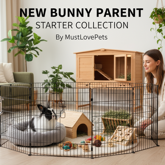 Woman with a rabbit in a pet playpen, surrounded by pet accessories and a wooden pet house, with text 'New Bunny Parent Starter Collection by MustLovePets'.