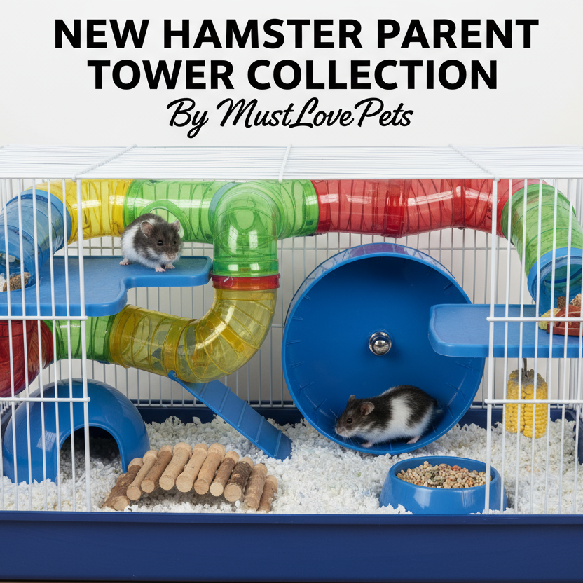 Colorful hamster parent tower with tunnels and wheels, featuring two hamsters inside, on a white background.