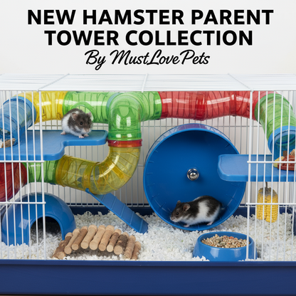 Colorful hamster parent tower with tunnels and wheels, featuring two hamsters inside, on a white background.