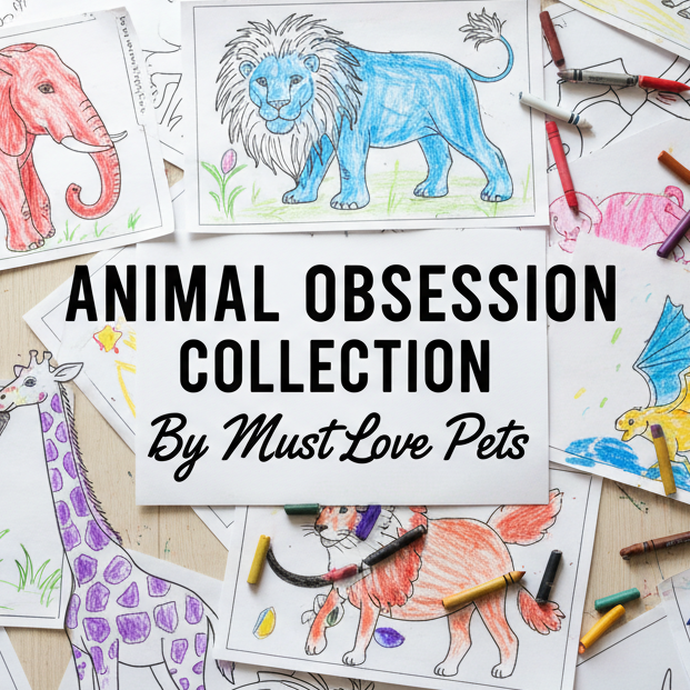Coloring pages with animal illustrations and crayons on a wooden surface, featuring 'Animal Obsession Collection by Must Love Pets'.