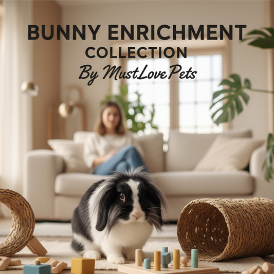Bunny enrichment collection by MustLovePets with a rabbit playing in a living room.