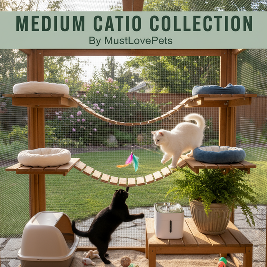 Catio with cat trees, toys, and a view of a garden