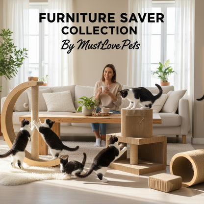 realistic image of black and white cats using several different style cat scratchers, pet parent observing in the background, furnished Scandinavian design living room, plants, earth tones, top center "FURNITURE SAVER" with "COLLECTION" below it and in cursive style "By MustLovePets" below that, everything center focused