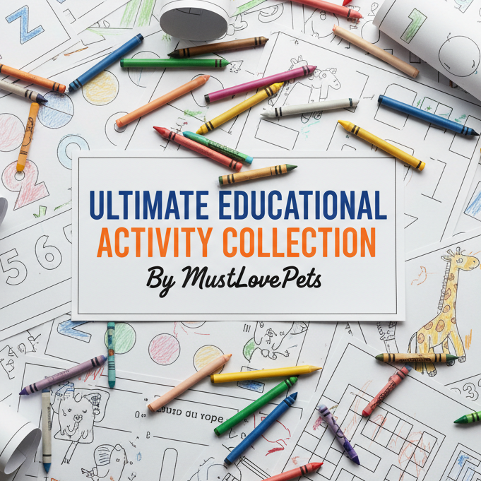 Educational activity collection with coloring pages and crayons on a wooden surface