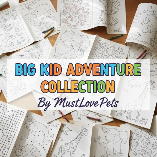 Coloring books with animal illustrations on a wooden surface, labeled 'Big Kid Adventure Collection by MustLove Pets'.