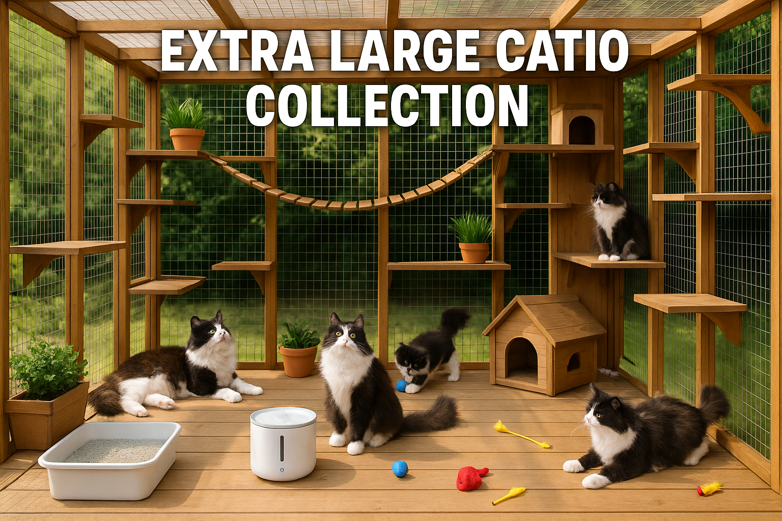 realistic image of fluffy black and white cats from inside a wood and wire mesh enclosure, suspension bridges, litter box, smart fountain, planters, condos, perches, cat toys, top centered "EXTRA LARGE CATIO COLLECTION"