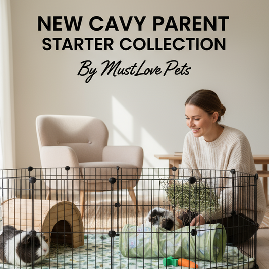 Woman with guinea pigs in a pet playpen in a home setting, featuring 'MustLove Pets' product line.