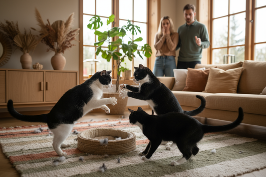 realistic image of several black and white indoor cats bored and fighting over territory, worried pet parents in the back ground, Scandinavian design, plants, warm earth tones