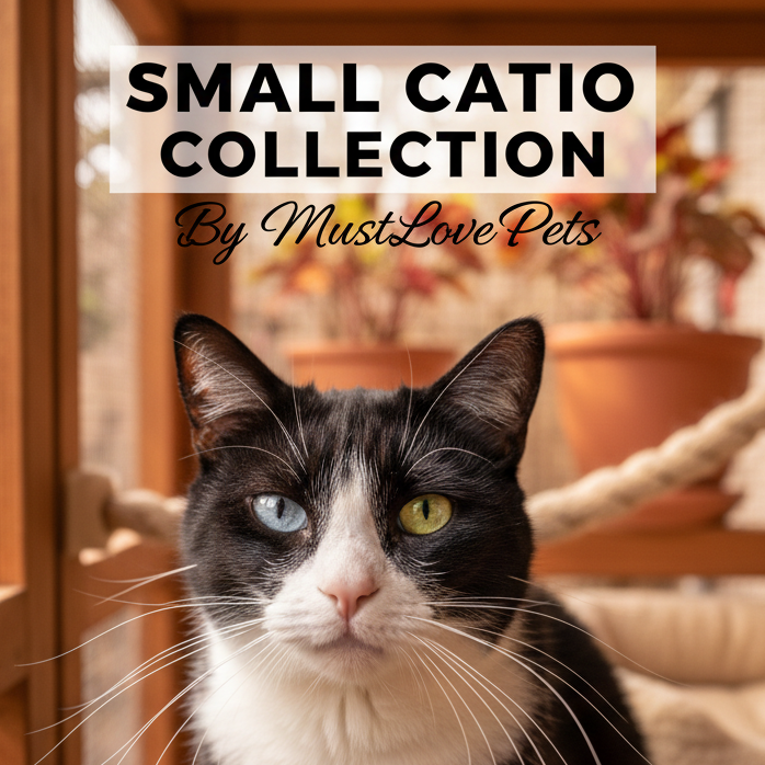 Black and white cat inside a small catio with text overlay 'Small Catio Collection by MustLove Pets'.