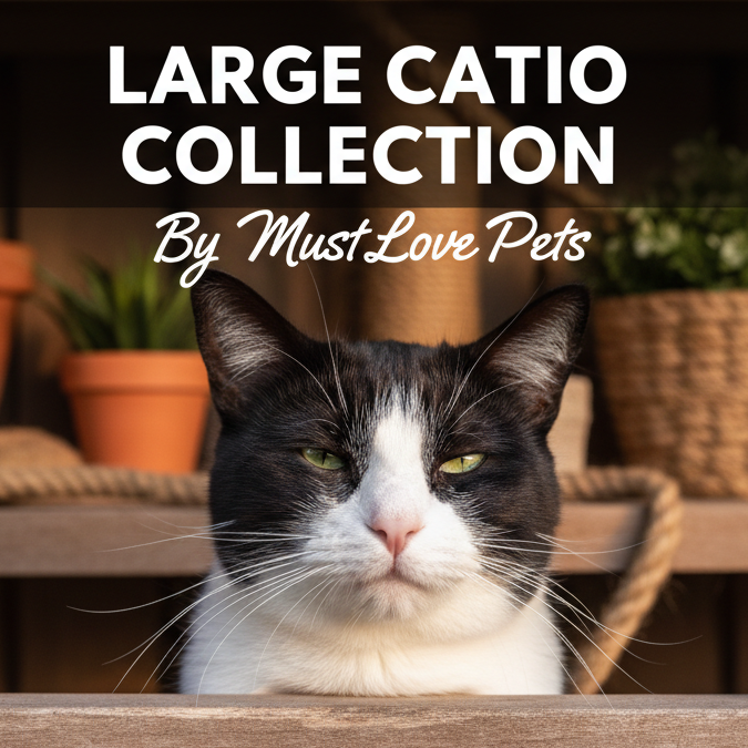 Cat in a wooden catio with 'Large Catio Collection by Must Love Pets' text.