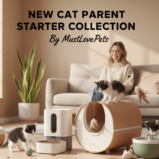 Woman with cats in a living room with pet products, featuring 'New Cat Parent Starter Collection by MustLovePets'.