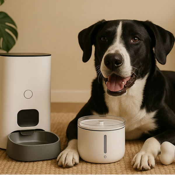 Happy medium sized dog laying on the floor next to smart products.