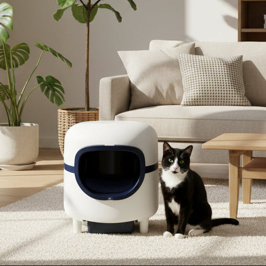 Stylish Litter Box Cat Supplies with Smart Sensor on floor in a living room.