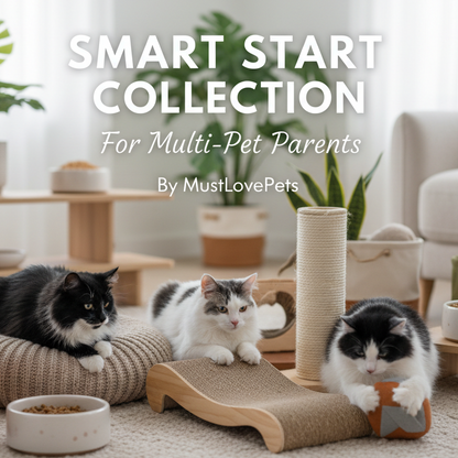 Three cats playing in a room with pet furniture and toys, featuring 'Smart Start Collection' text.