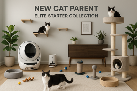 Cat furniture and accessories with text 'New Cat Parent Elite Starter Collection' in a room setting.