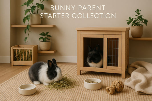 zoom out some, make bunnies look slightly smaller with fluffy fur, 1 rabbit peeking out from inside a hutch and one outside eating hay, 
